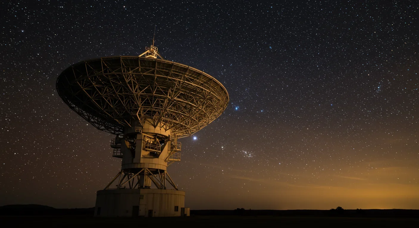 Radio telescope observing the cosmic microwave background with temperature variation overlay
