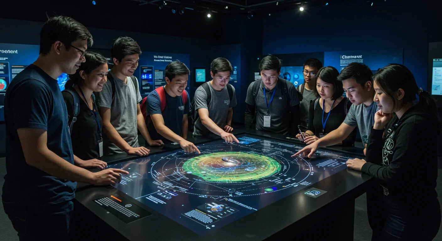 Students exploring an interactive cosmic microwave background map at a science center