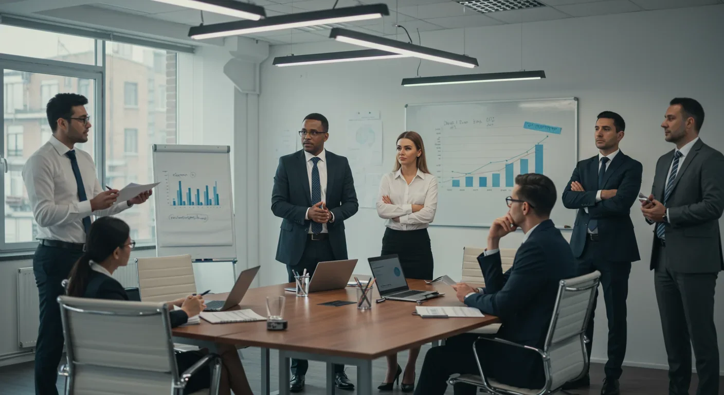 Business professionals in a meeting room displaying different levels of confidence and skepticism while reviewing data