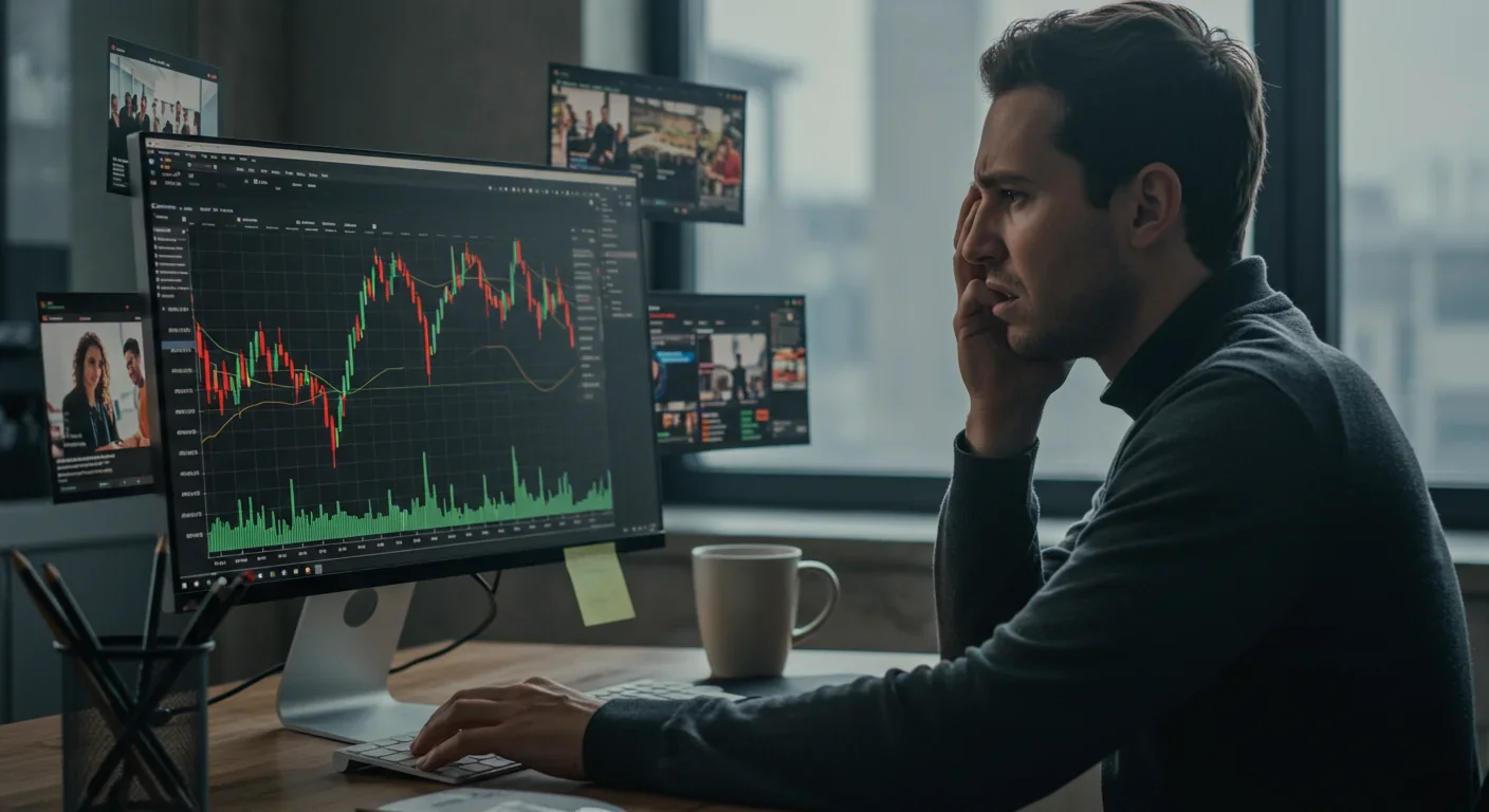 Stressed investor looking at volatile stock market charts on computer screen with conflicting news headlines