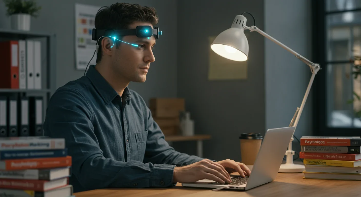 Person wearing modern EEG headband for cognitive monitoring while studying decision-making materials
