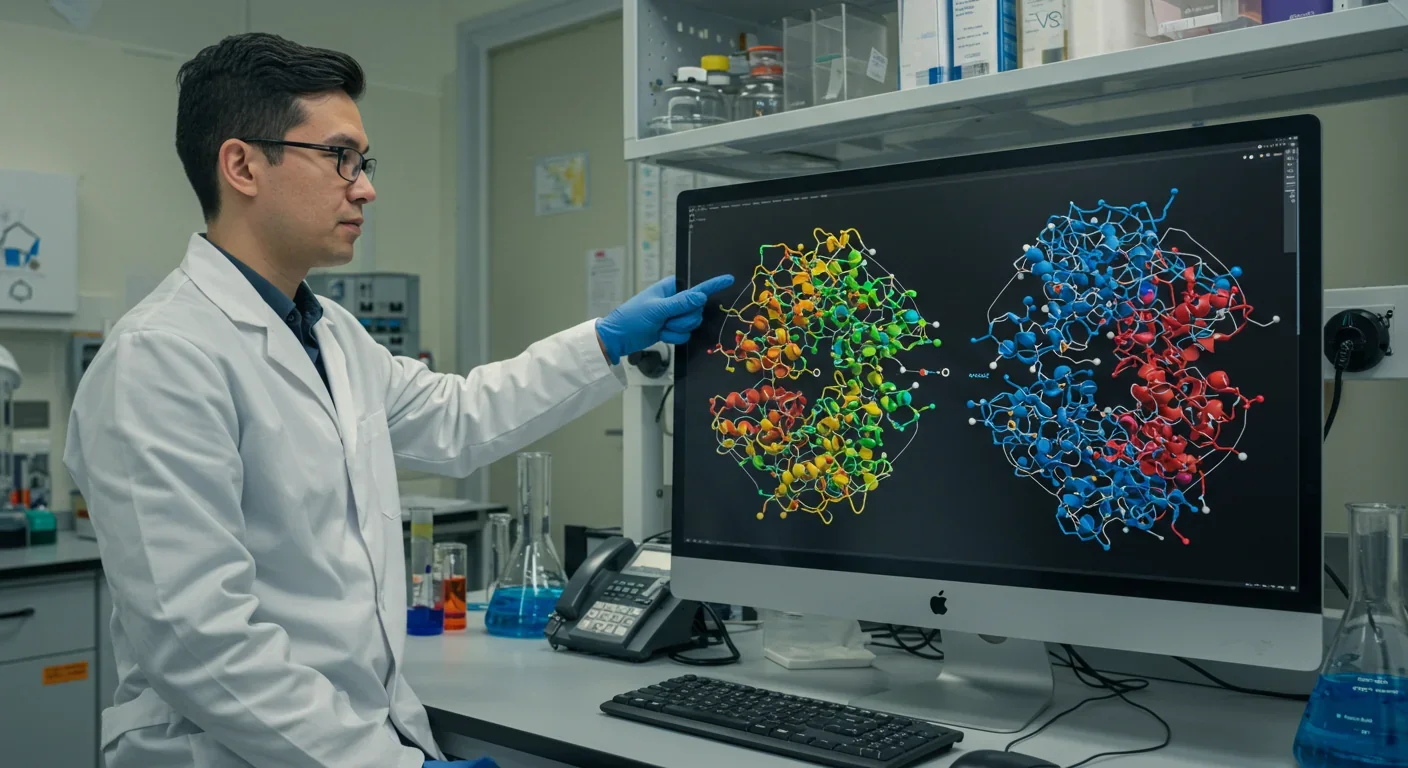 Researcher analyzing convergent protein structures on computer screen showing similar 3D architectures from unrelated species