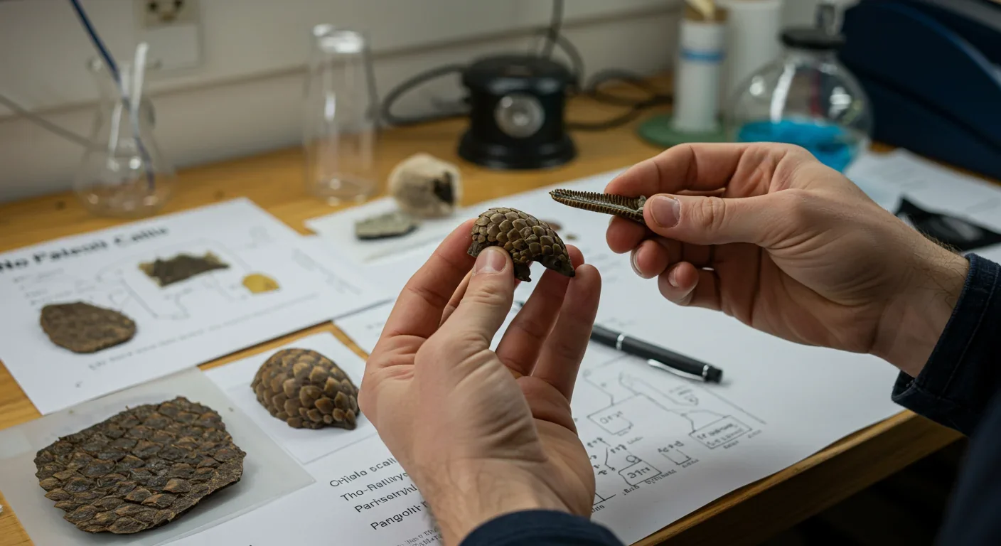 Engineer examining bio-battery prototype inspired by electric pangolin scales with technical diagrams and biological samples