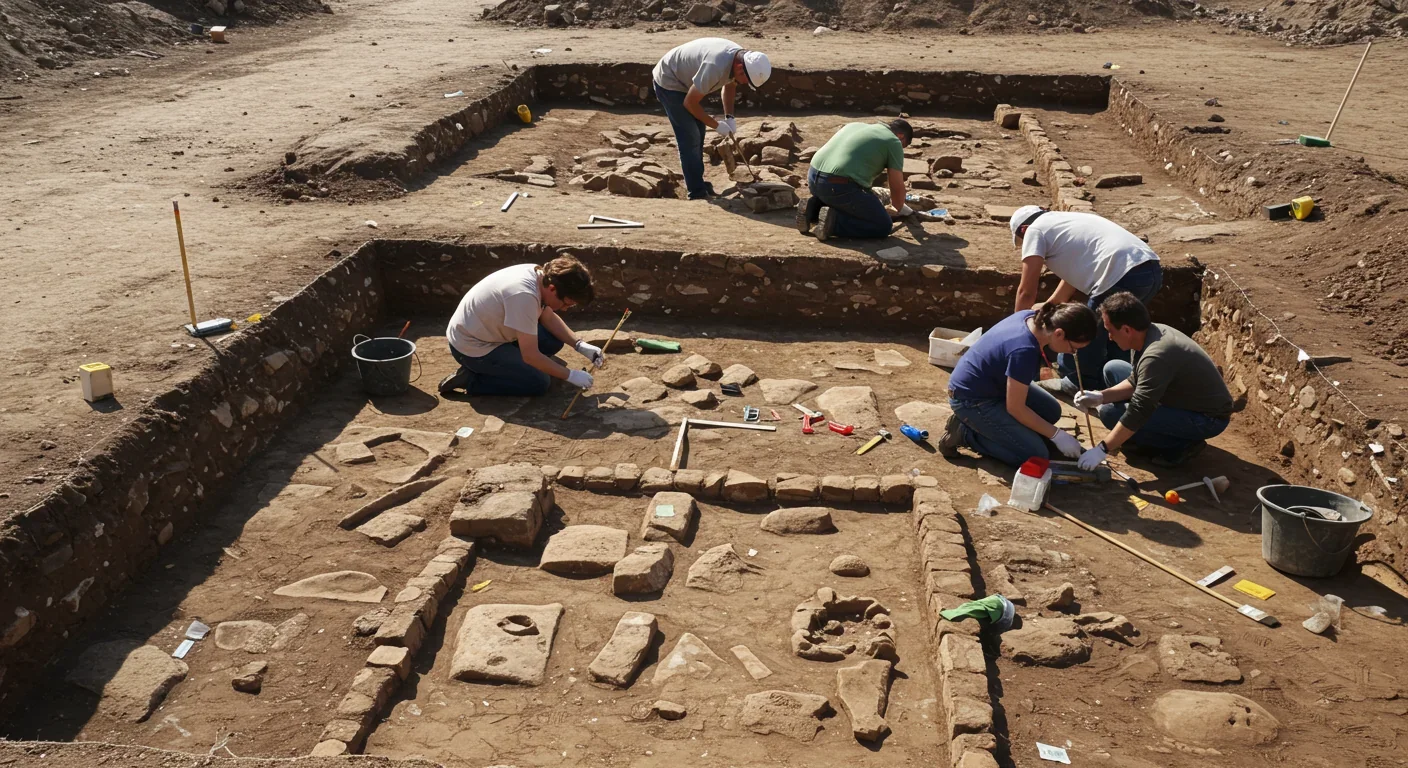 Archaeological team working together at excavation site uncovering evidence of ancient human cooperation