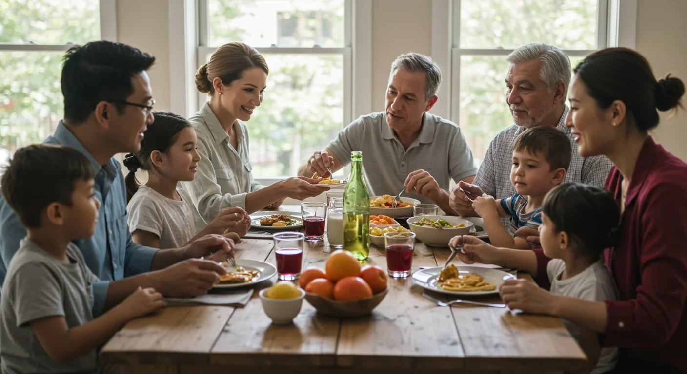 Multi-generational family sharing dinner demonstrating natural human cooperation and bonding through meals