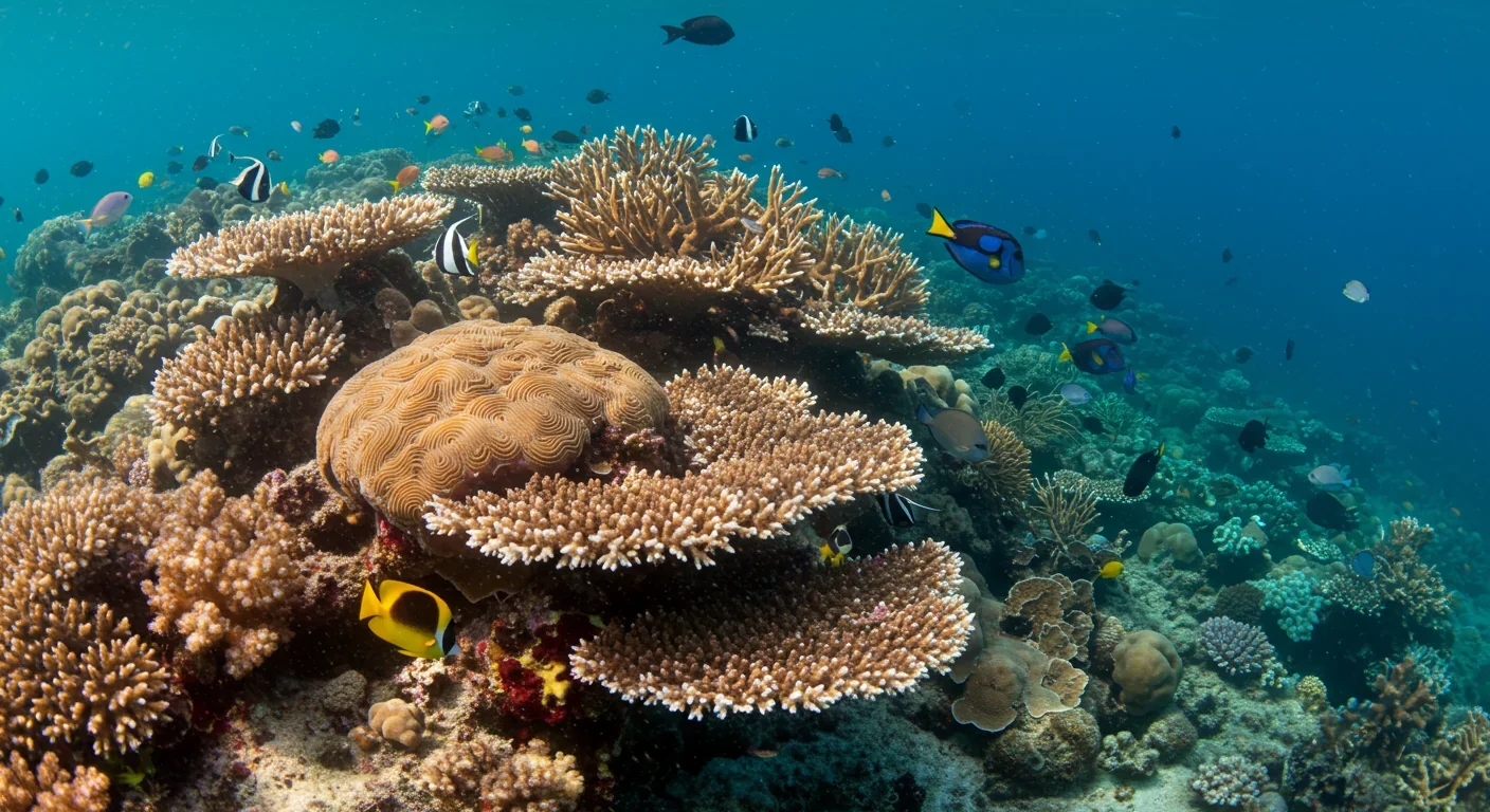 Thriving coral reef ecosystem with diverse marine life demonstrating successful restoration