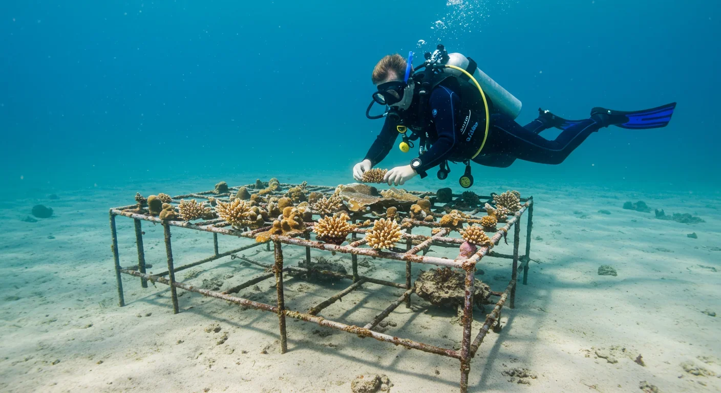 Volunteer diver transplanting bioengineered coral fragments onto reef restoration structure