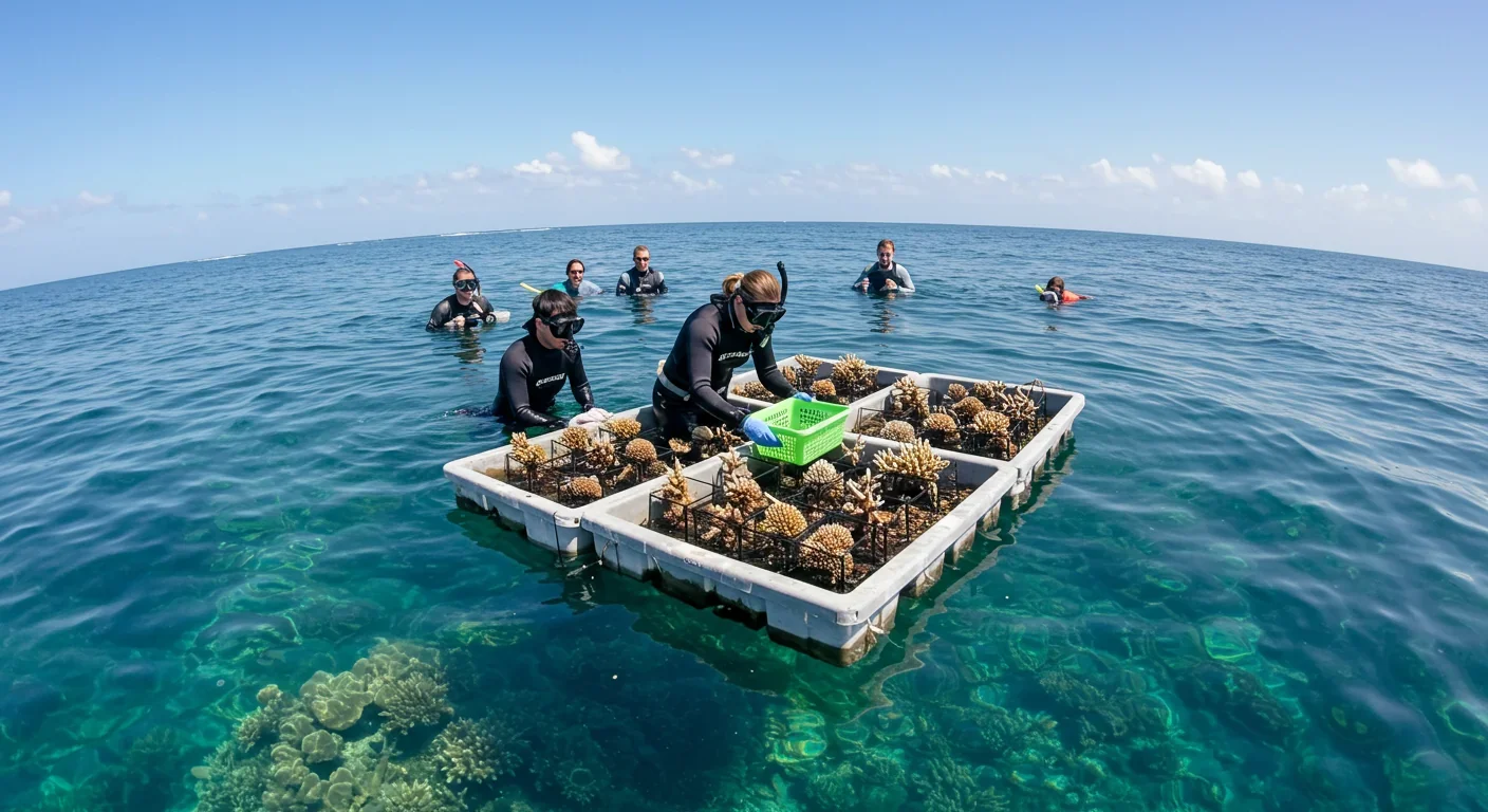 Scientists collecting coral larvae in floating nursery pool for reef restoration using Coral IVF technique
