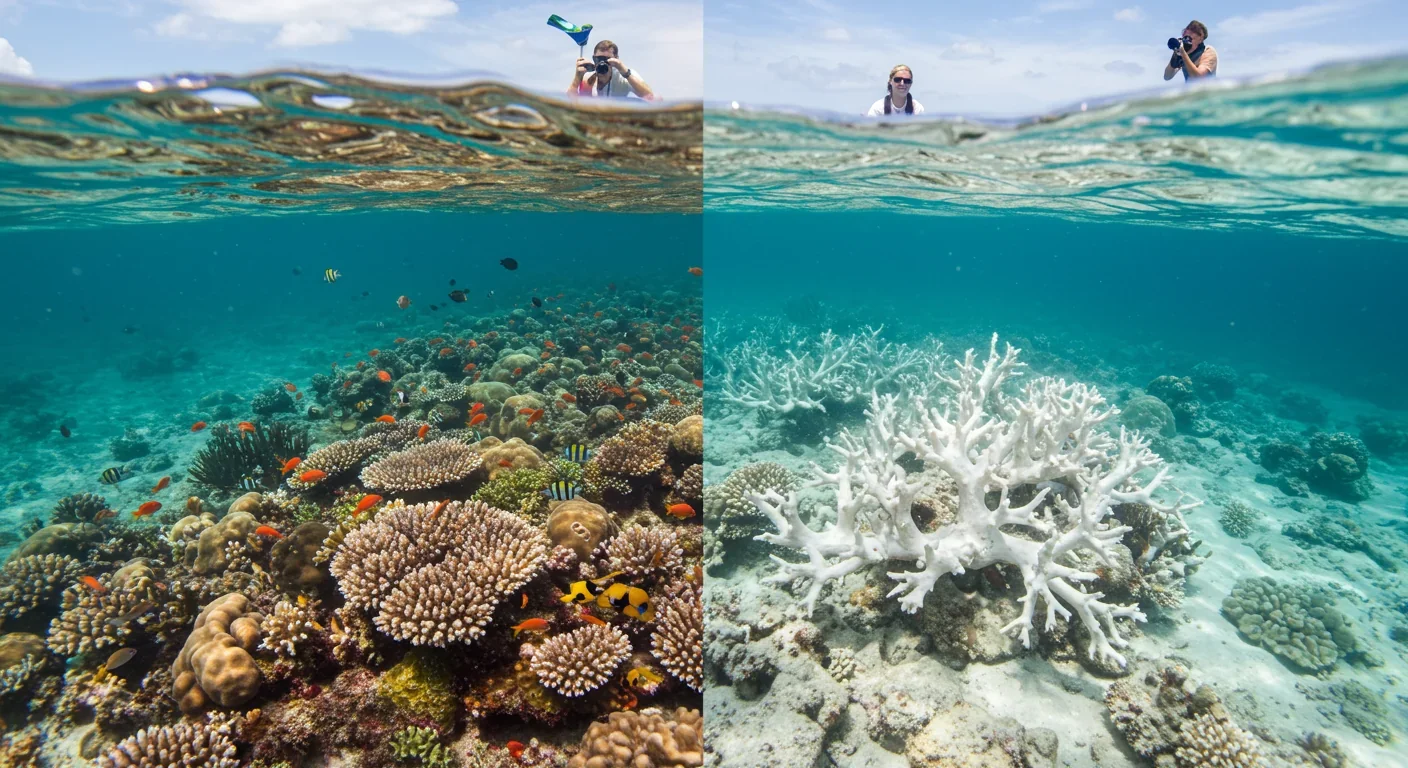 Side-by-side comparison of healthy vibrant coral reef and bleached dying coral showing climate change impact