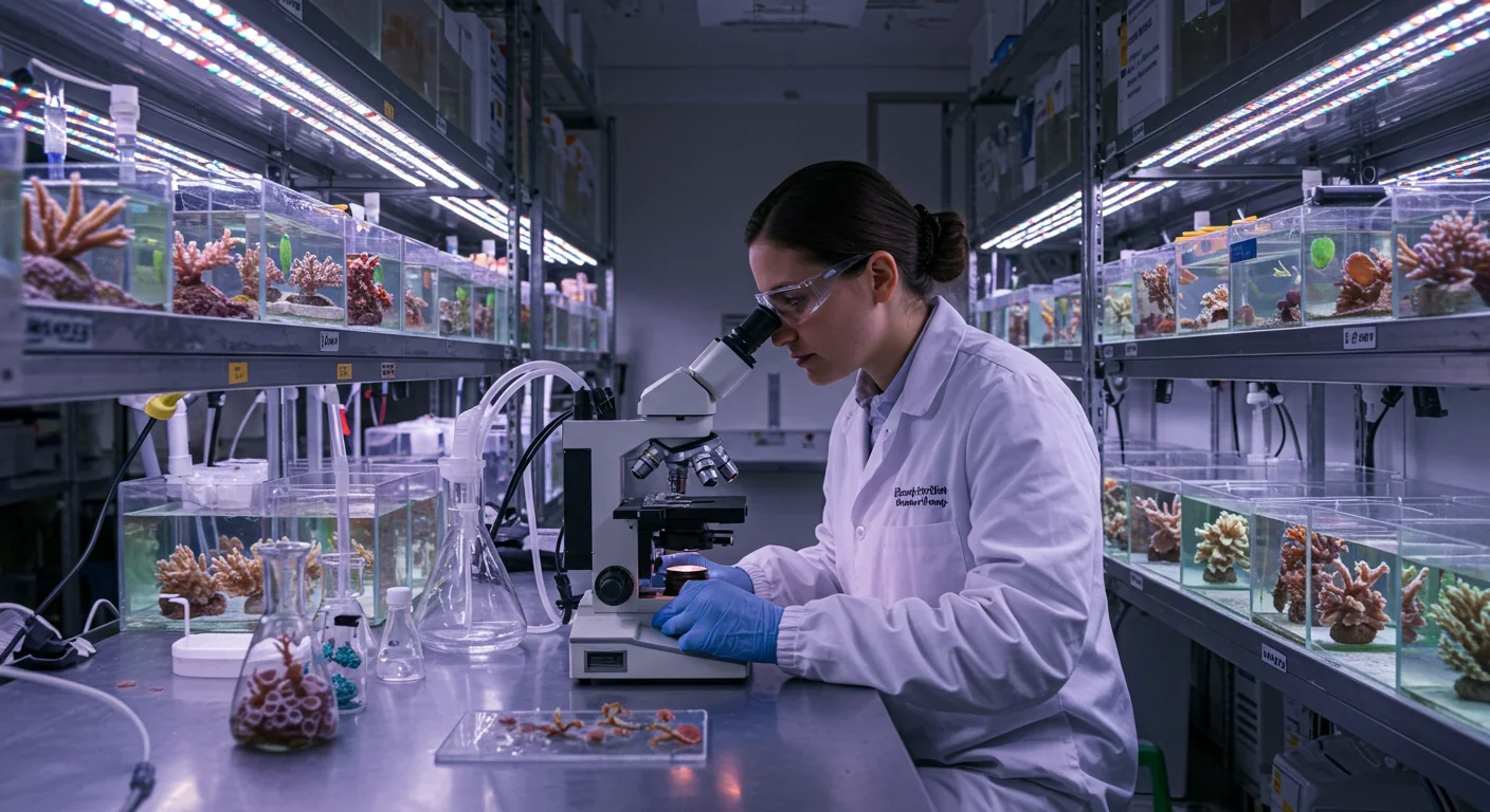 Marine biologist examining coral larvae under microscope in aquaculture facility with breeding tanks