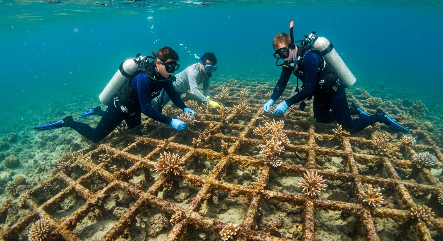 Conservation divers carefully outplanting coral fragments onto degraded reef to restore marine ecosystem