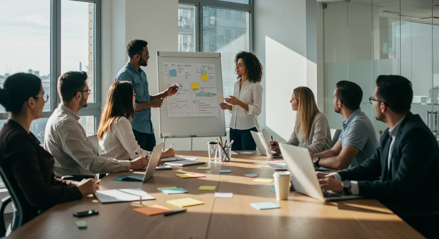 Team members collaborating in modern office with presenter at whiteboard during strategy meeting