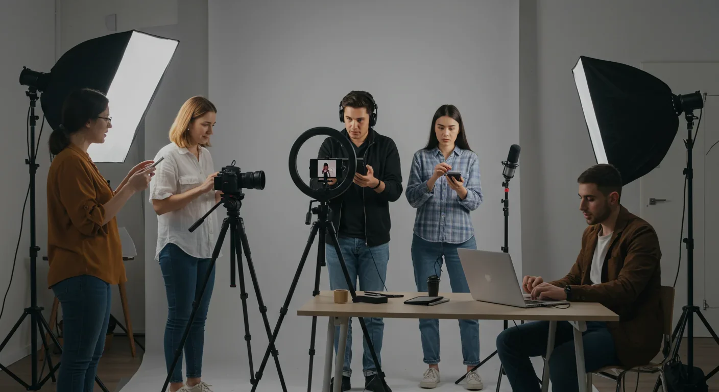 Content creators working in modern studio with cameras and equipment filming social media content