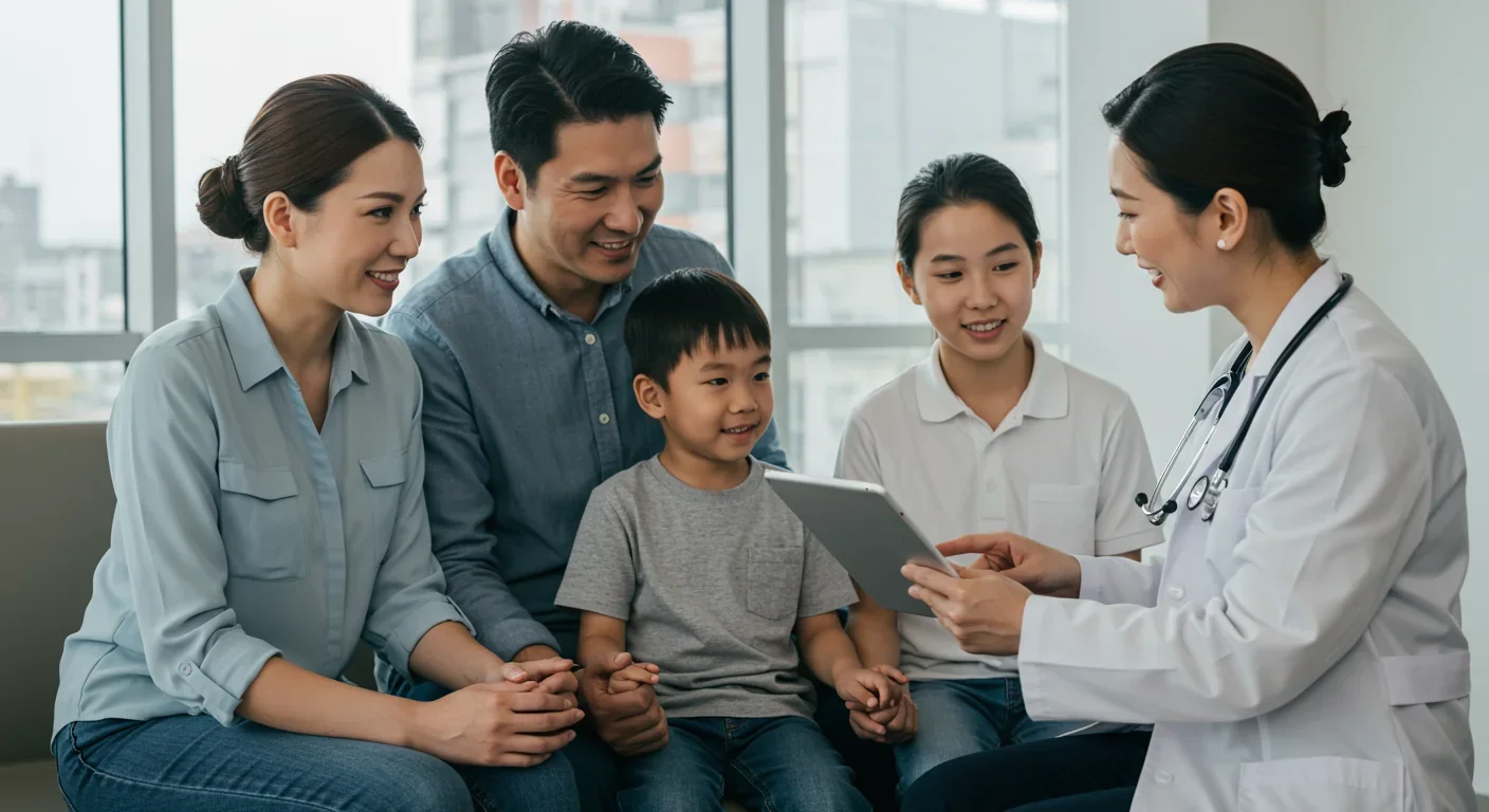 Family celebrating positive gene therapy results with doctor in hospital room after successful CRISPR treatment