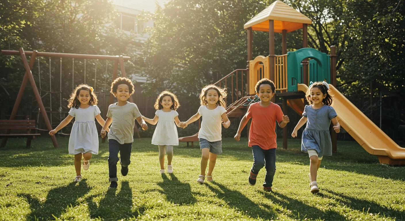 Diverse group of healthy children playing together in playground after successful gene therapy treatments