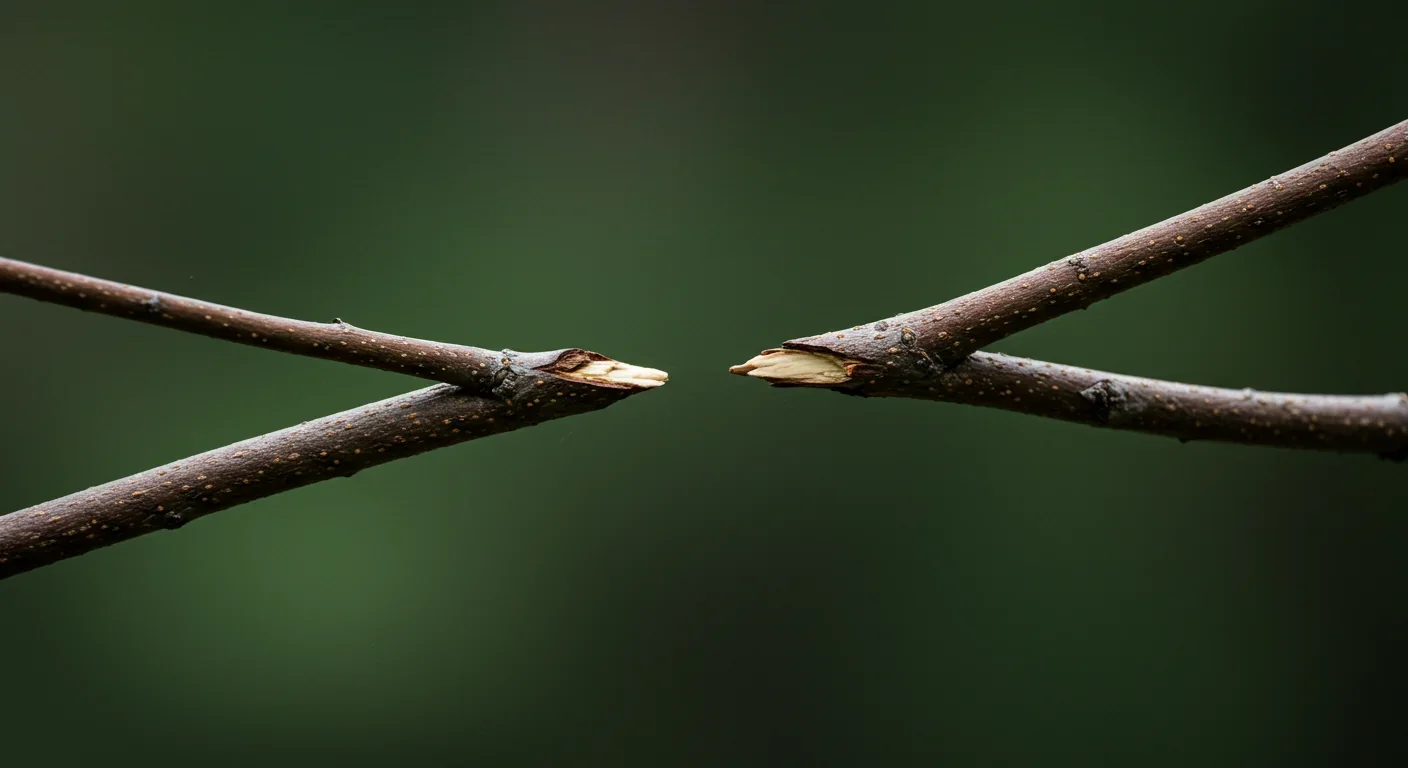 Two tree branches maintaining a small gap between them demonstrating crown shyness phenomenon in forest canopy