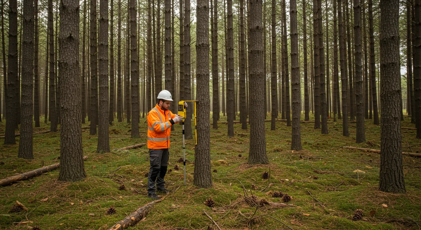 Forest researcher measuring tree spacing in pine plantation with visible crown shyness gaps in canopy overhead
