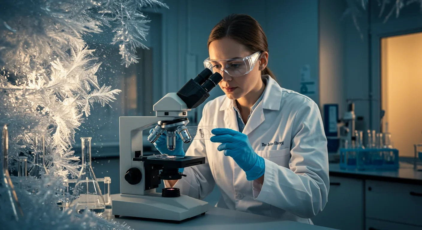 Scientist examining tardigrade samples under microscope in frost-covered laboratory