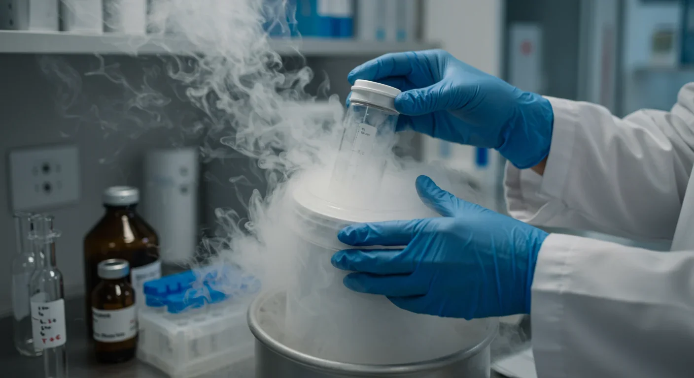 Researcher handling cryogenic preservation equipment with liquid nitrogen vapor