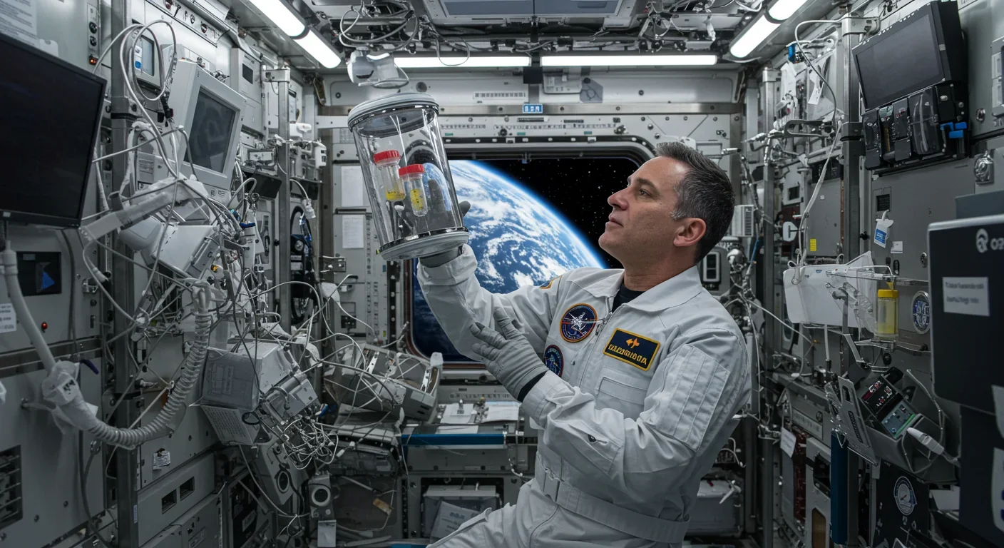 Astronaut conducting biological research experiment aboard space station with Earth in background