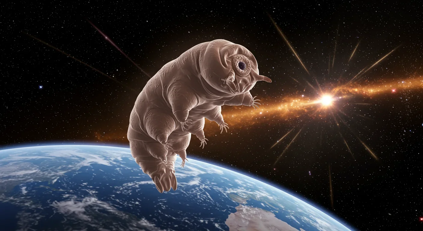 Microscopic tardigrade surviving in space vacuum with cosmic radiation and Earth visible in background