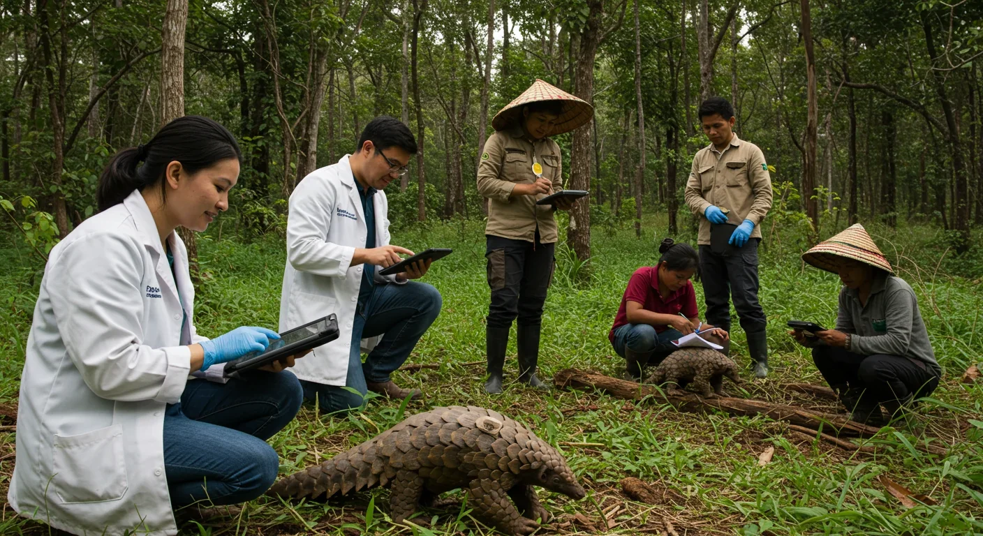 Scientists and local community members tracking pangolins using technology in Asian forest conservation effort