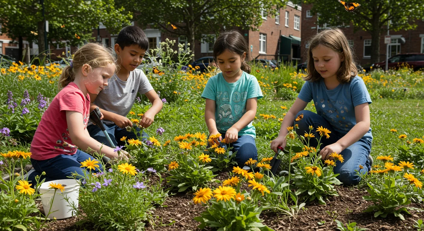 Children planting native wildflowers in urban garden with butterflies and bees pollinating nearby flowers