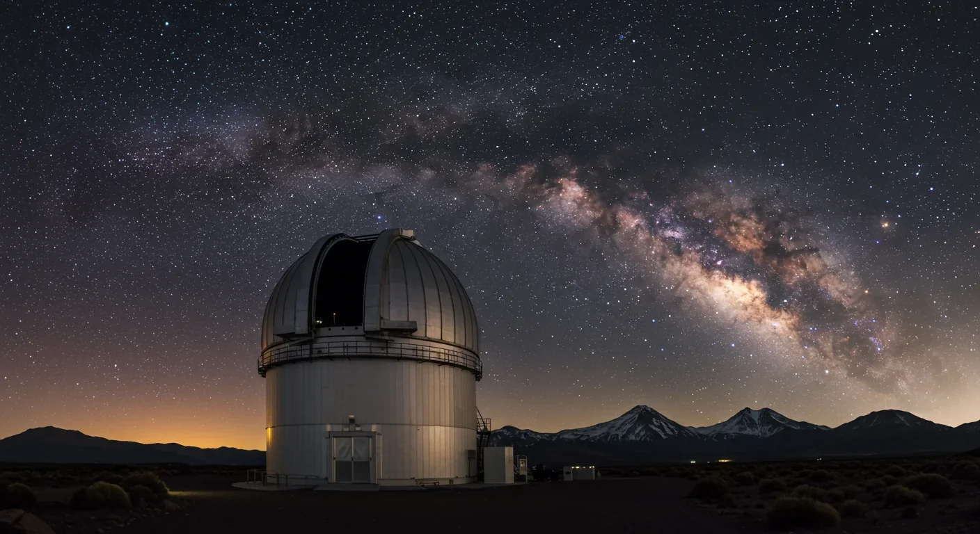 Vera Rubin Observatory under starry night sky in Chilean mountains preparing to map dark matter