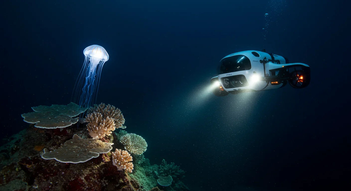 Autonomous underwater vehicle with LED lights exploring bioluminescent deep sea life