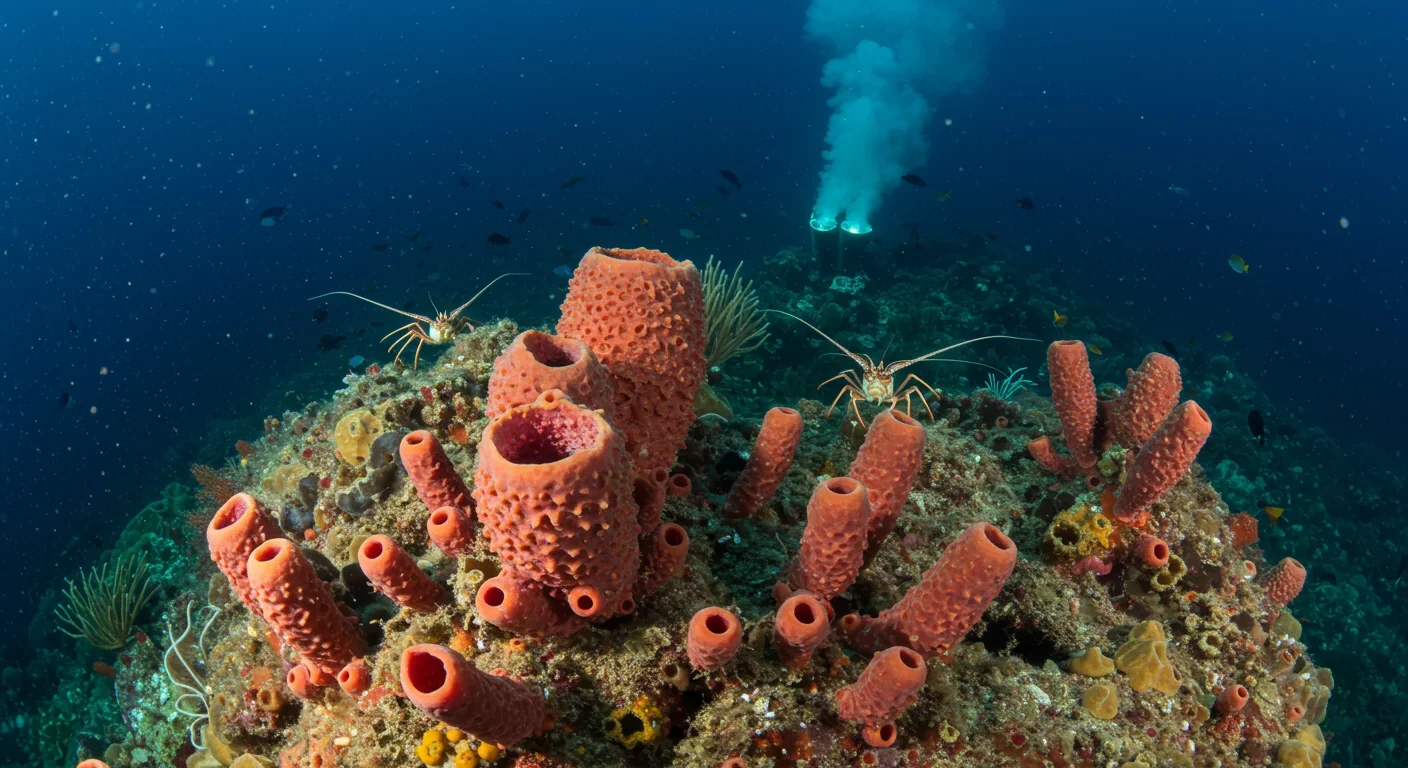 Thriving deep-sea coral reef with diverse marine life including pink lobsters, octopuses, and sponges near hydrothermal vents