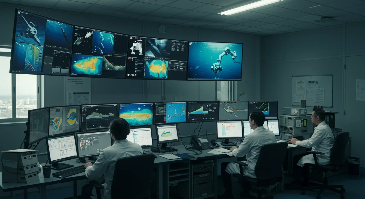 Marine scientists in control room monitoring live deep-sea ROV footage and seafloor data on multiple screens during exploration mission