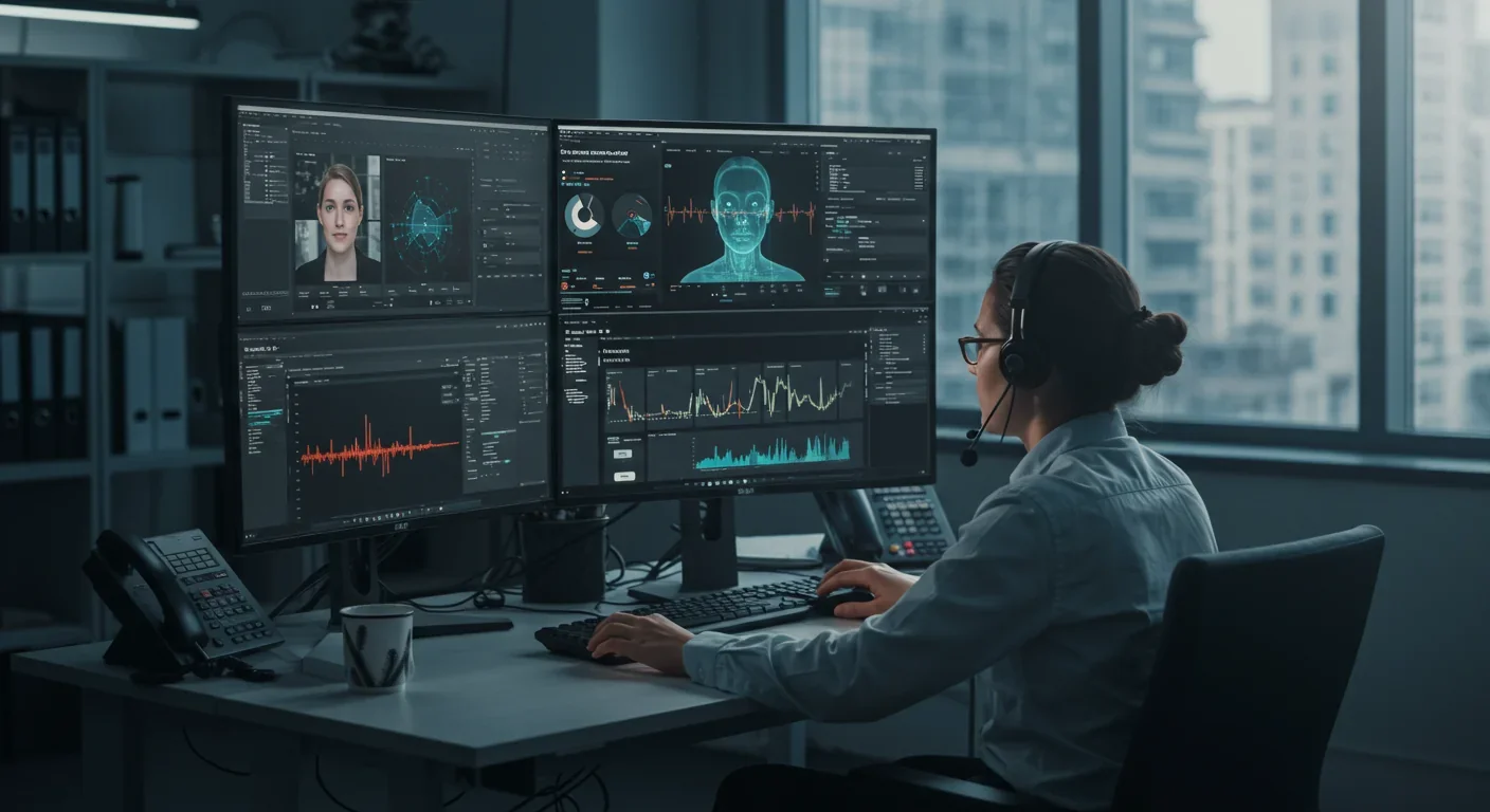 Cybersecurity expert using advanced deepfake detection software to analyze synthetic media content