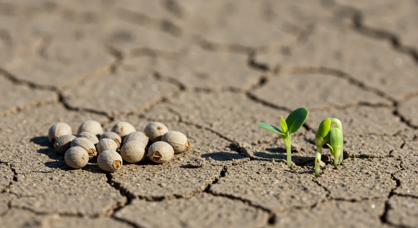 Desert seeds germinating after rainfall showing the transition from dormancy to active growth in arid conditions