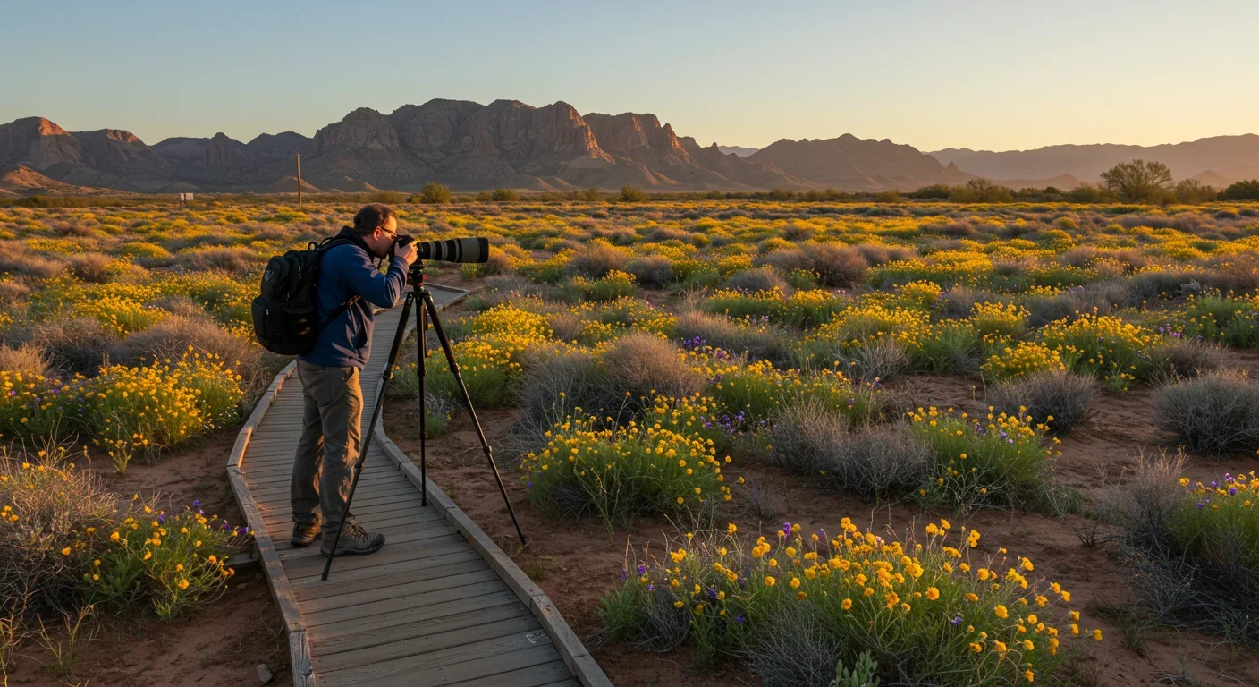 Photographer practicing responsible desert bloom tourism by staying on marked trails while capturing wildflower images