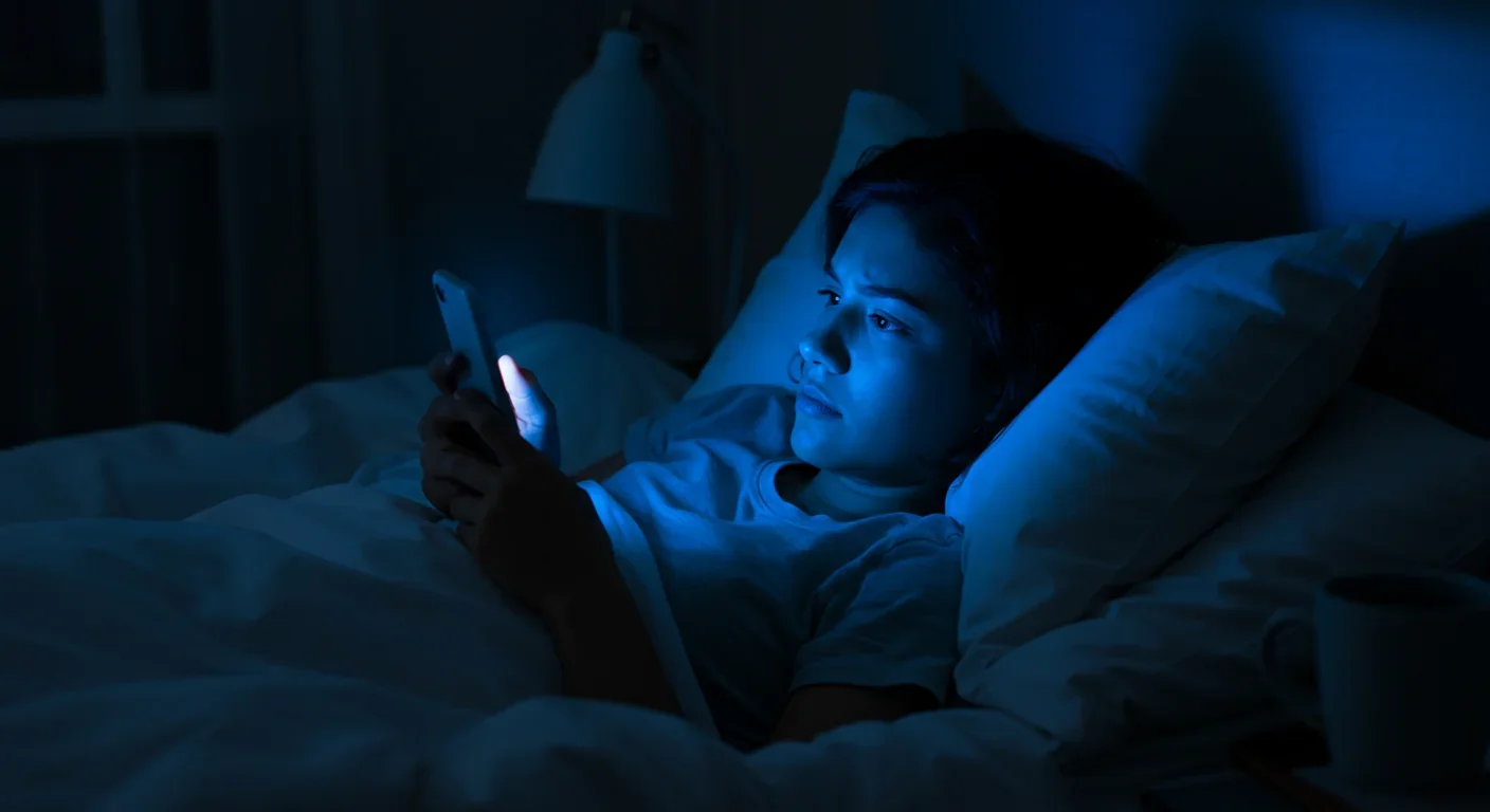 Person scrolling smartphone in bed at night with blue light illuminating their concerned face