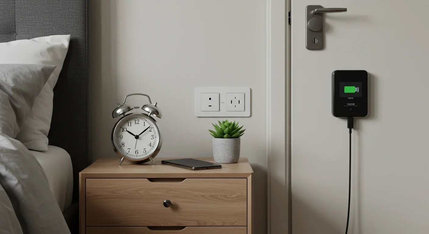 Bedroom with traditional alarm clock and phone charging station located outside the room