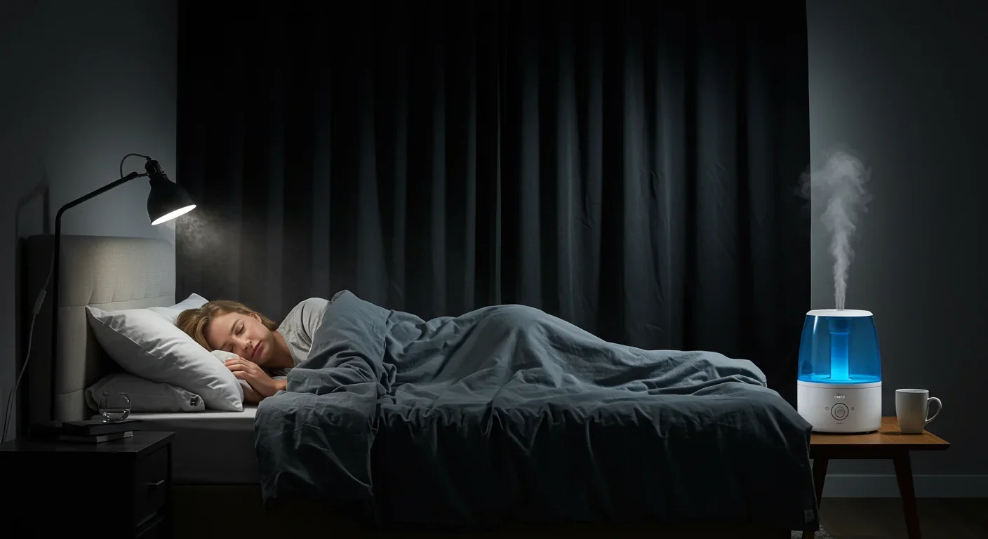 Person sleeping peacefully in optimally dark bedroom with blackout curtains and humidifier