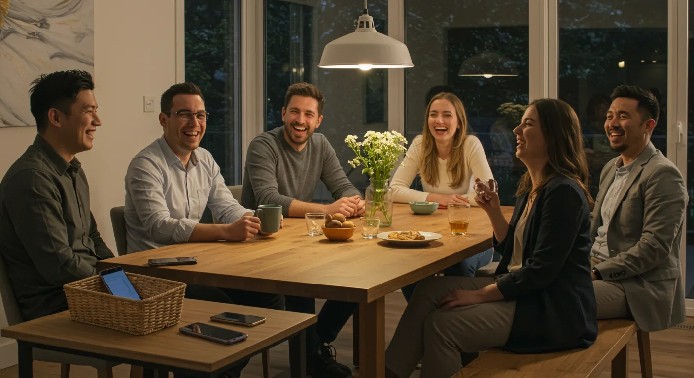 Family enjoying tech-free dinner together with phones set aside, demonstrating digital detox lifestyle for improved connection and well-being