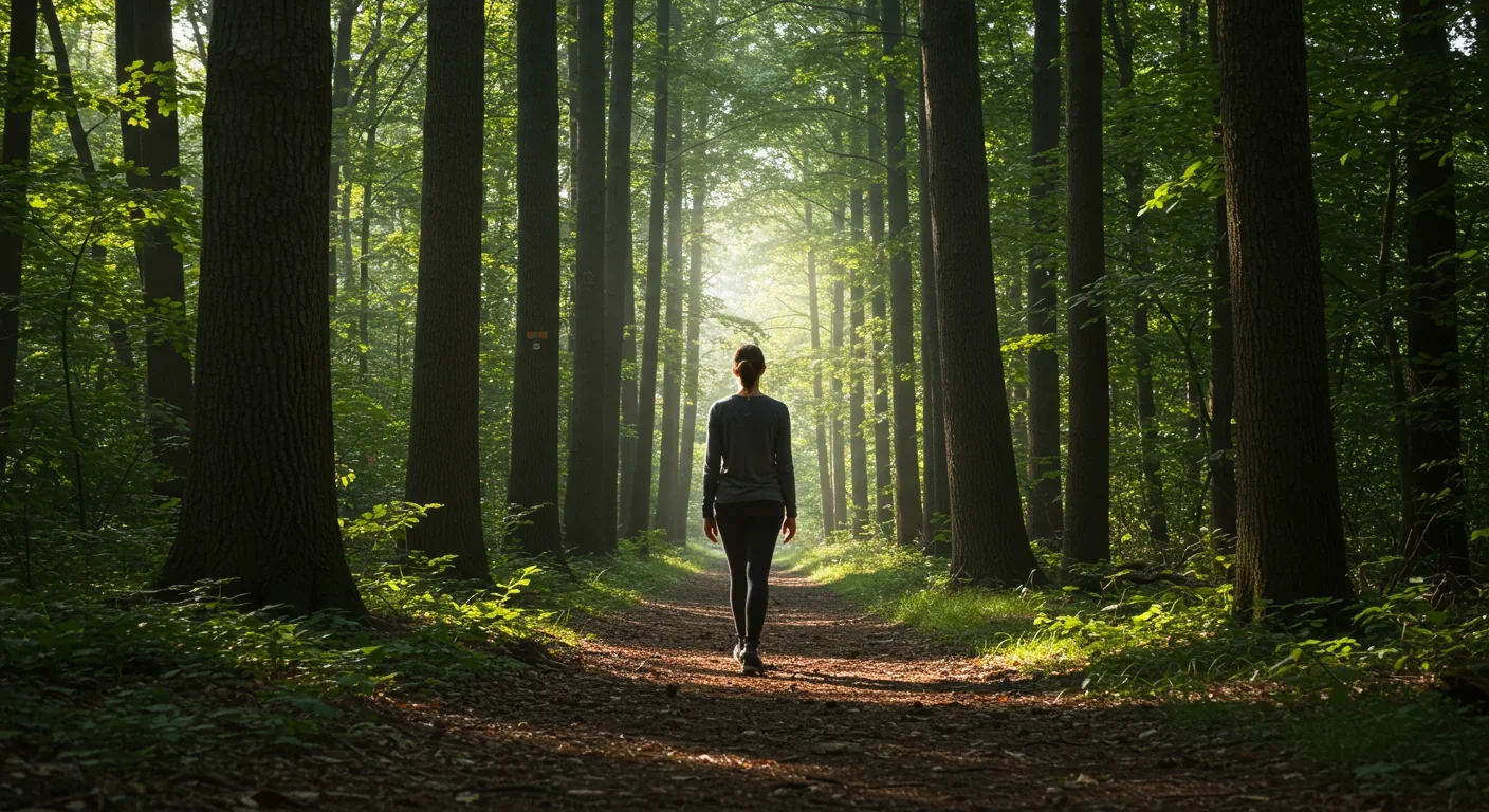 Person practicing forest bathing without devices, illustrating digital detox through nature immersion for stress reduction and mental clarity