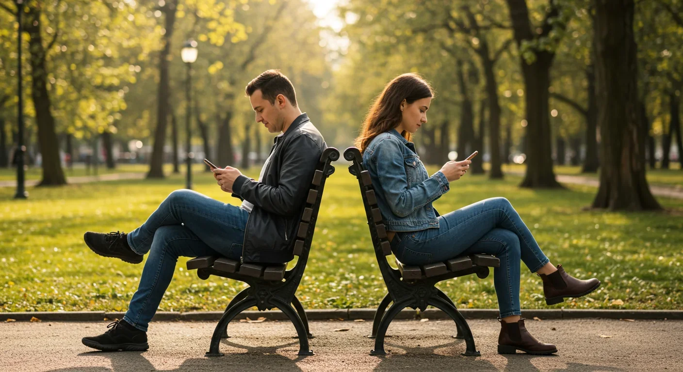 Two friends on a park bench absorbed in their phones instead of talking to each other
