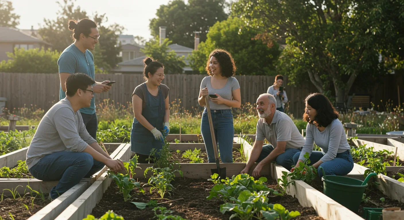 Neighbors working together in a community garden, engaged in conversation and collaborative activity