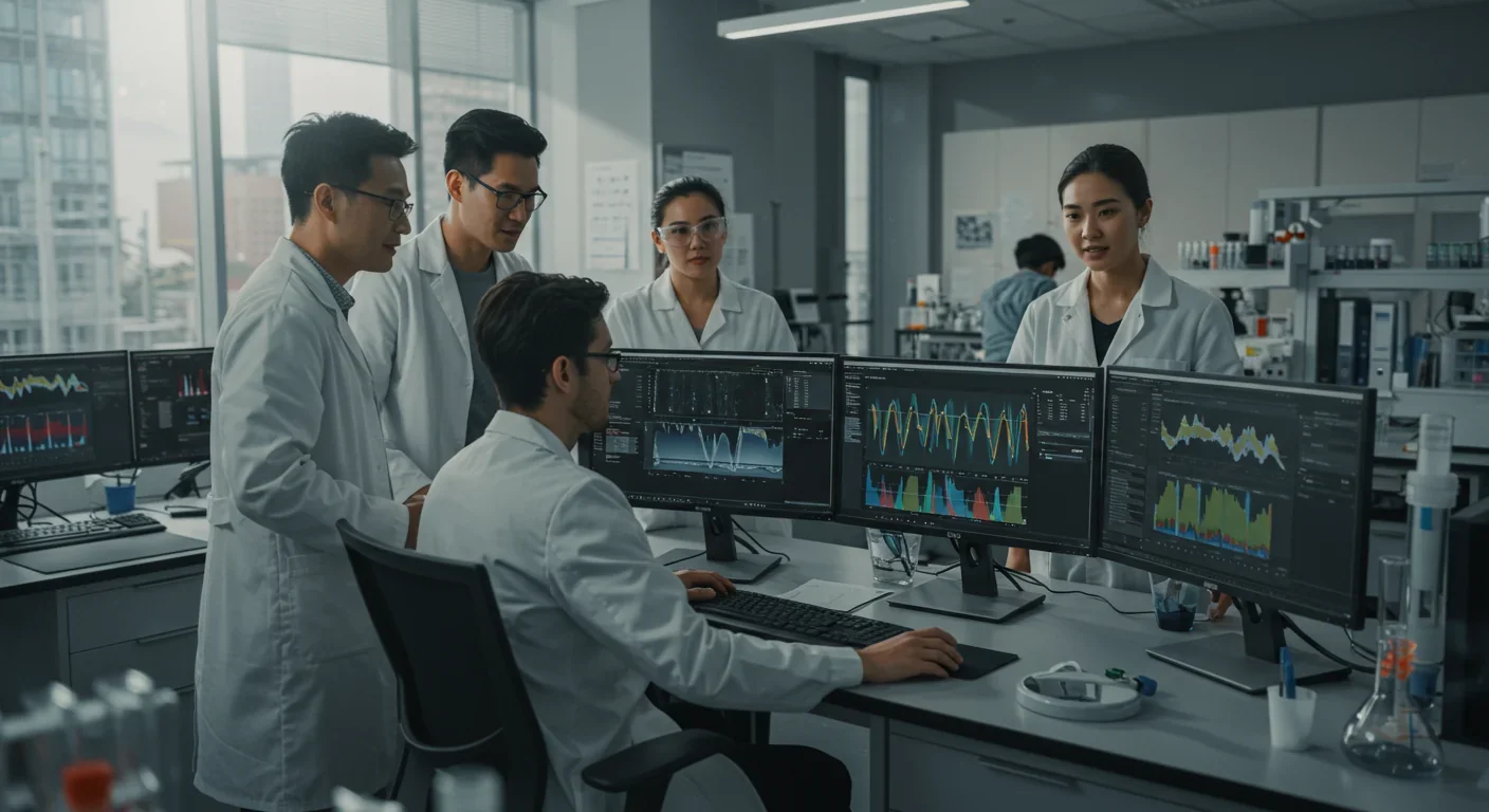 Research team analyzing DNA sequencing data for storage applications