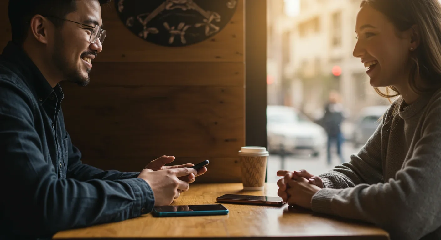 Two friends having an authentic in-person conversation at a coffee shop, demonstrating quality over quantity in relationships