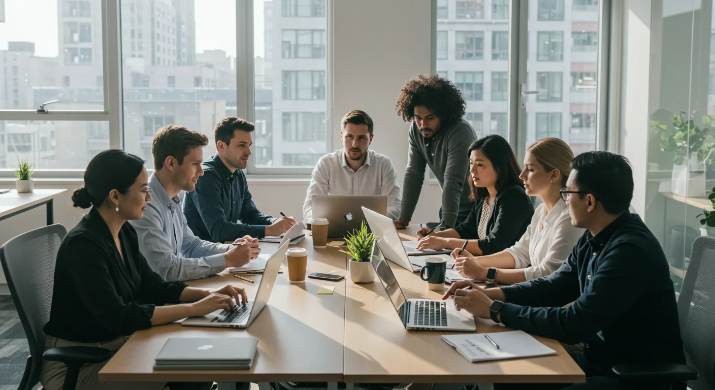 Small professional team of 12 people collaborating effectively in modern office setting
