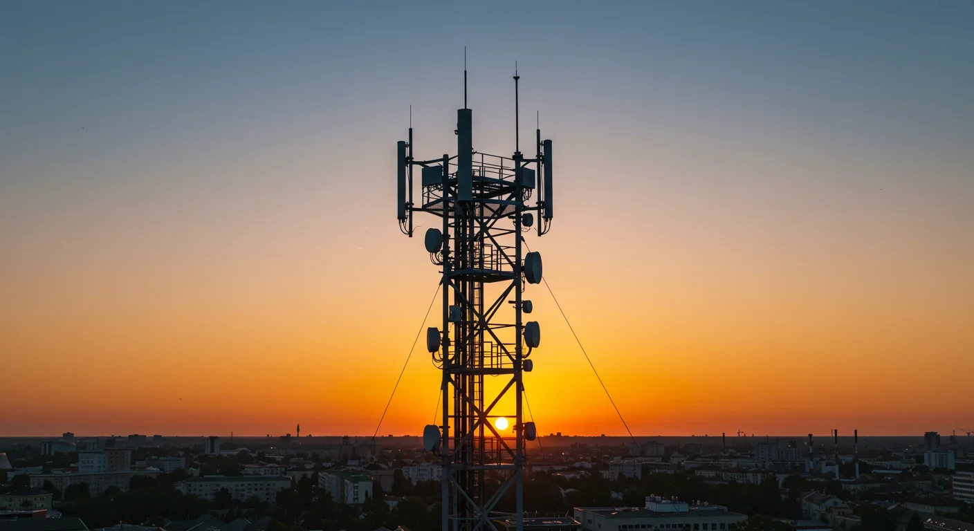 Modern 5G telecommunications tower with edge computing equipment at sunset