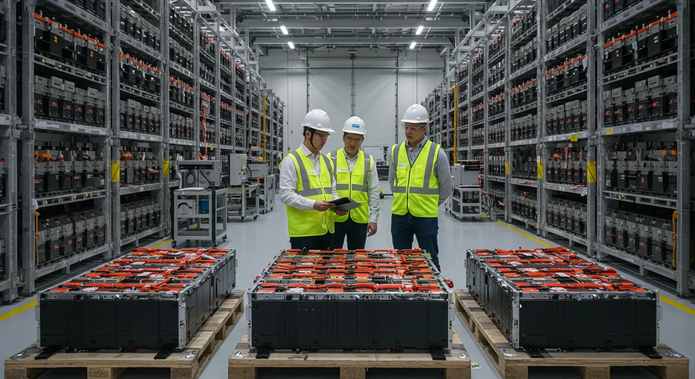 Engineers inspecting large lithium-ion battery storage modules in industrial facility with safety equipment