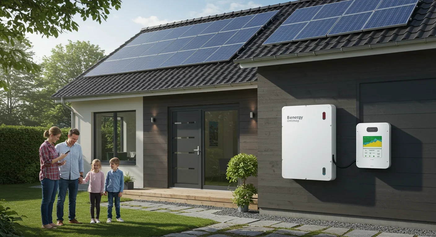 Family home with rooftop solar panels and wall-mounted battery storage system visible on garage