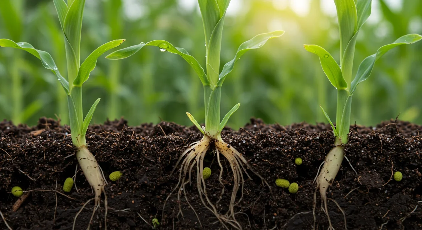 Corn plant roots colonized by nitrogen-fixing bacteria in fertile agricultural soil