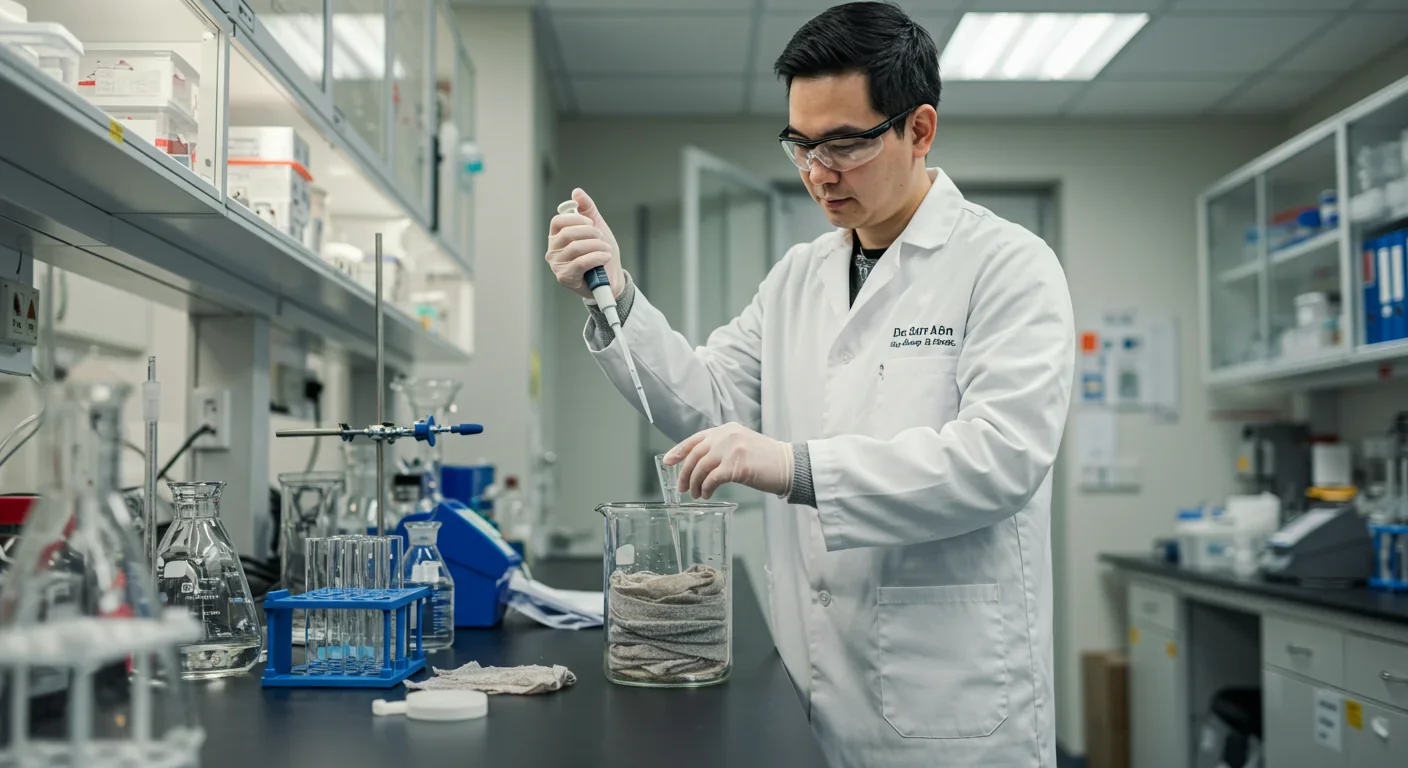 Scientist preparing enzyme solution for textile fiber separation process in biotechnology laboratory