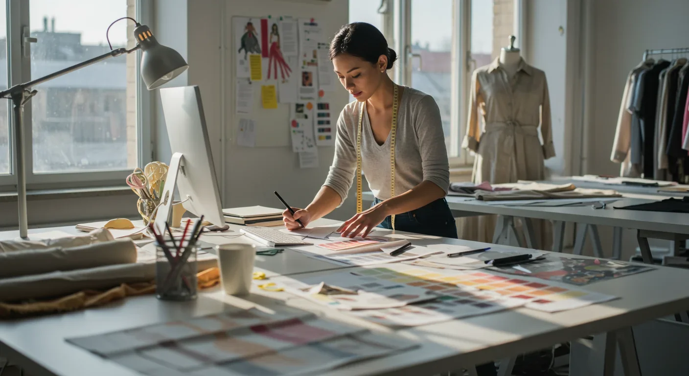 Fashion designer evaluating recycled textile materials and sustainable fabric options for clothing production